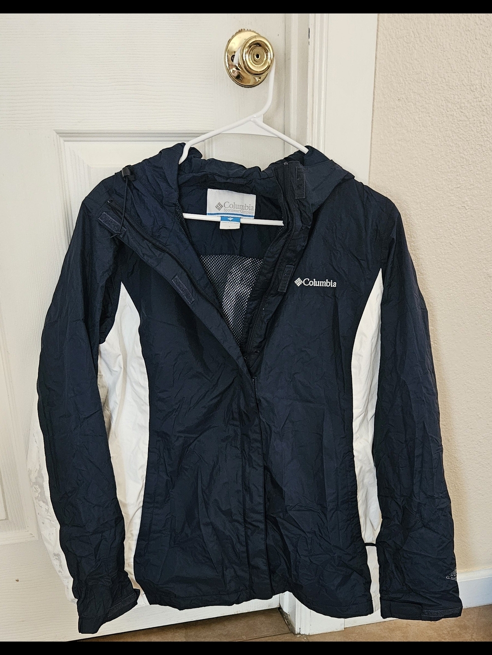 Columbia Navy and White Women's Hooded Windbreaker Jacket - Large